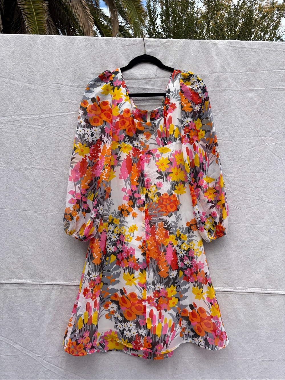 Floral Puff-Sleeve Mini Dress - White with Pink, Orange & Yellow